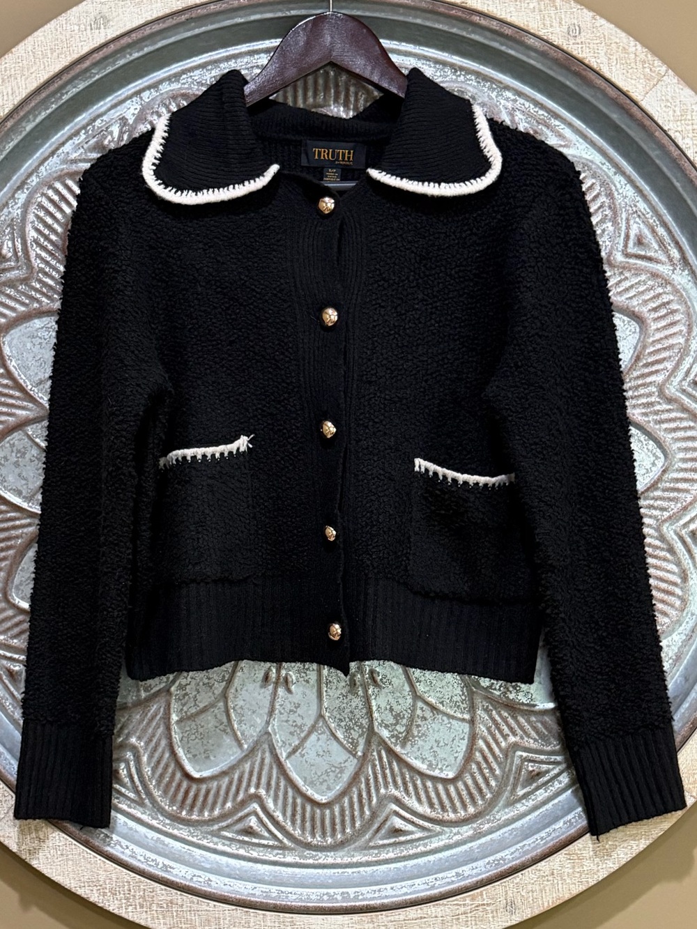 TRUTH by Republic Black Knit Cardigan with White Trim and Gold Buttons